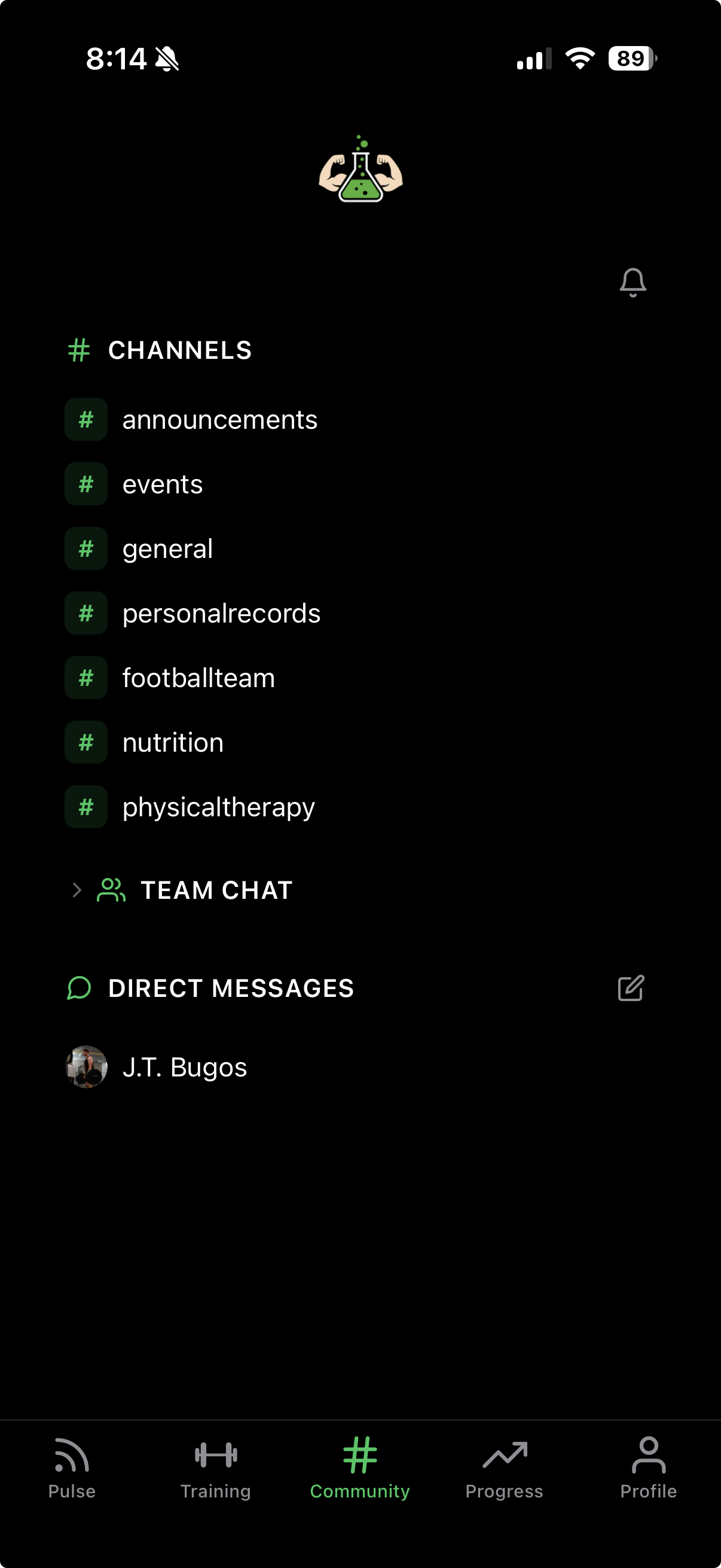 Team channels view inside the athletic department app