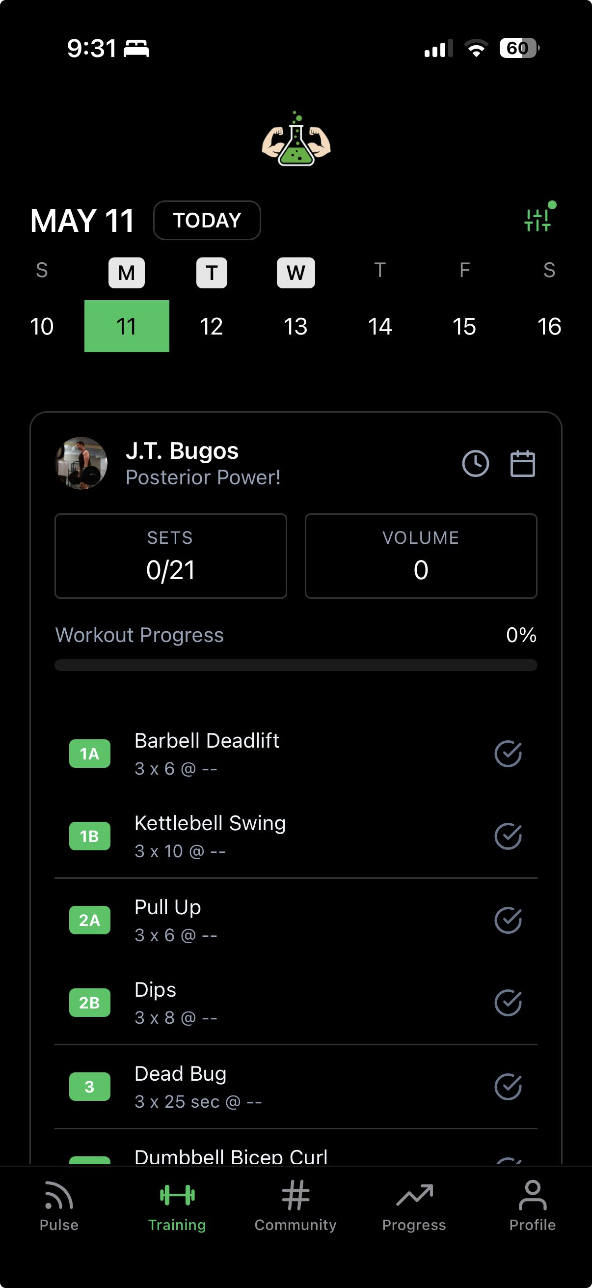 Athlete's training view inside the athletic department app